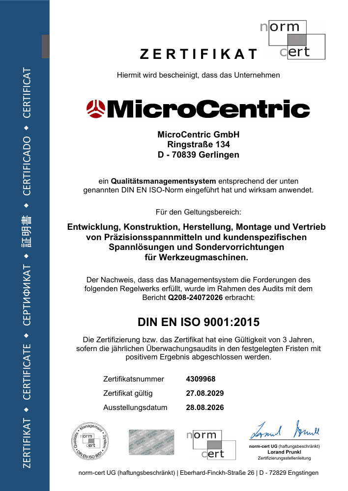 ISO-9001-Zertifikat der MicroCentric GmbH